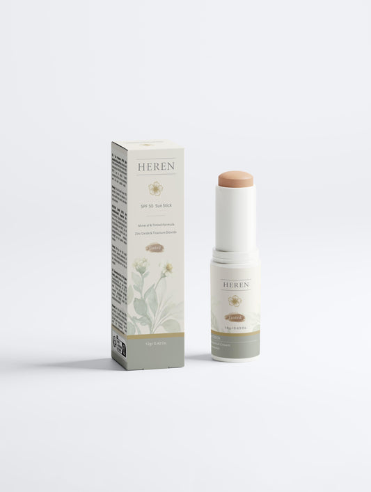 HEREN skincare stick and packaging on a white background