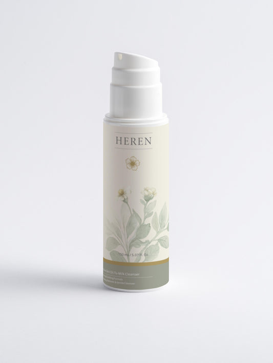 Skincare bottle with 'HEREN' branding on a light gray background