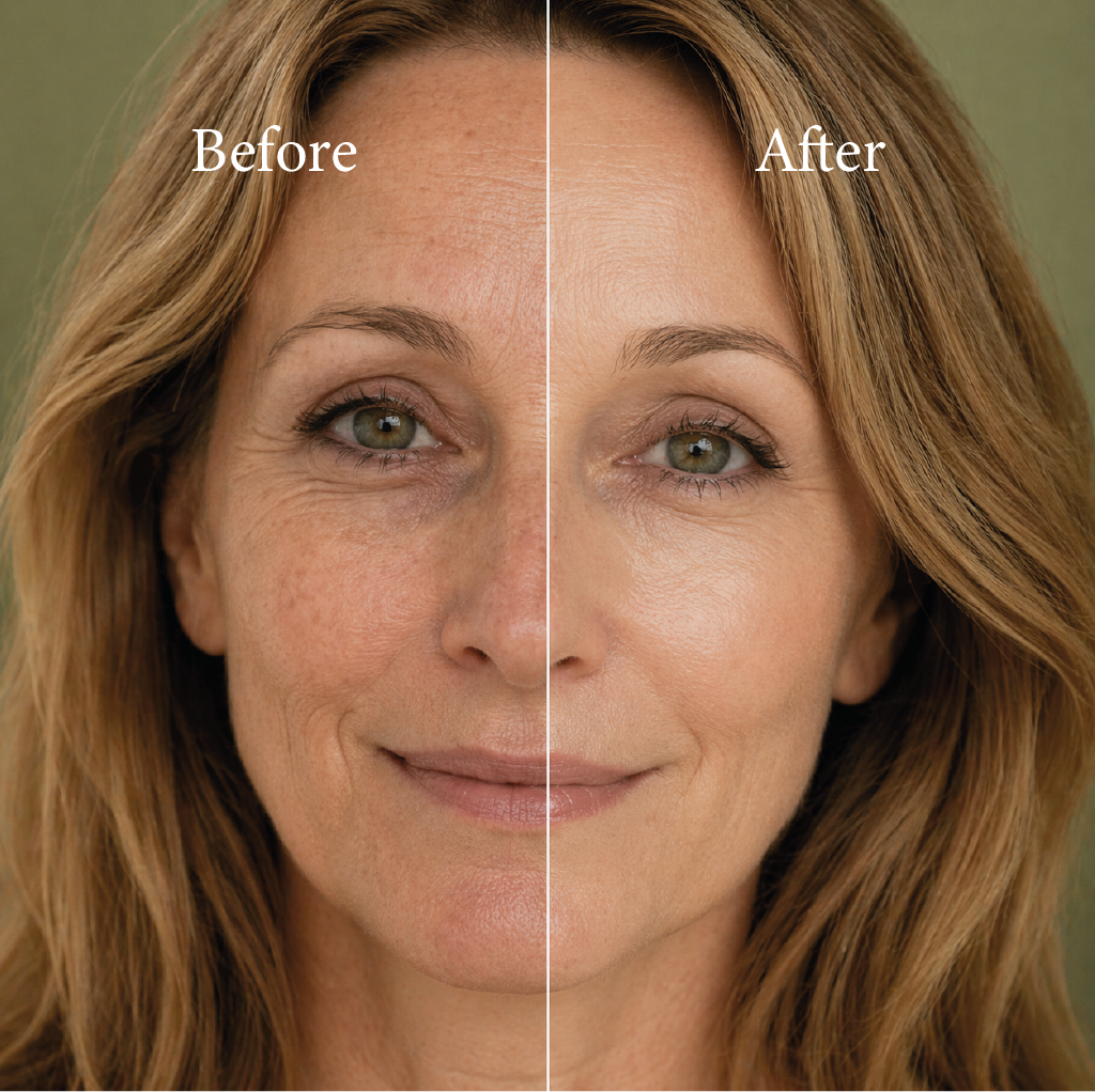 Before and after comparison of a woman's face with visible skin texture differences.