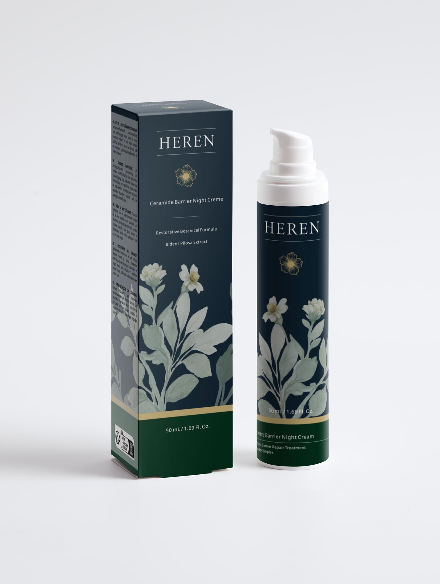 HEREN skincare product packaging with cream tube and box on a light gray background