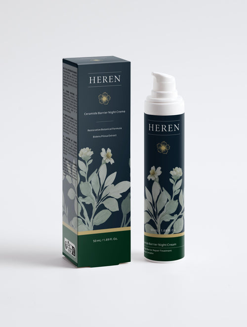 HEREN skincare product packaging with cream tube and box on a light gray background