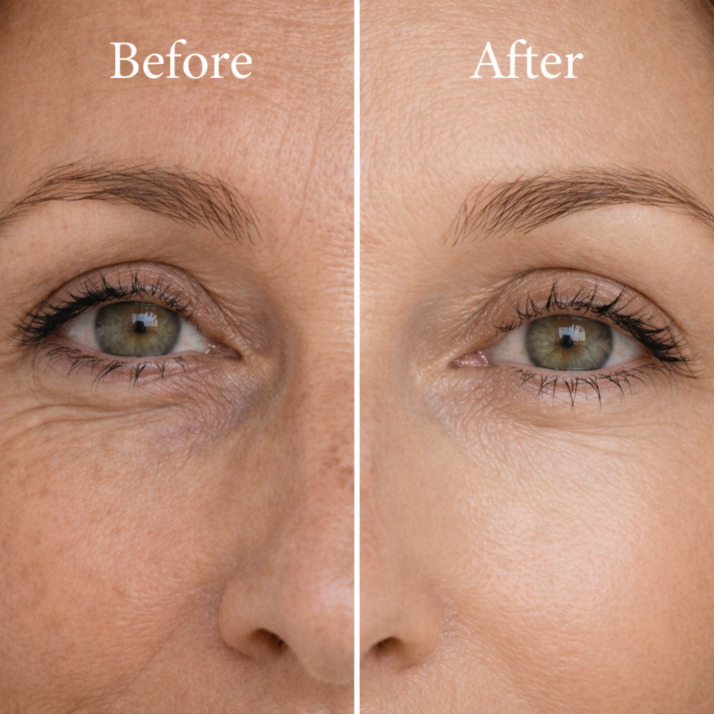 Before and after comparison of eye area treatment showing a woman's eyes.