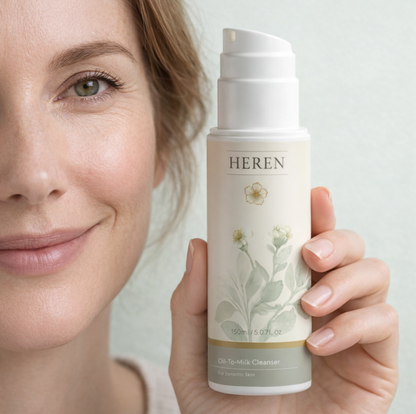 Woman holding a bottle of HEREN skincare product Oil-To-Milk Cleanser