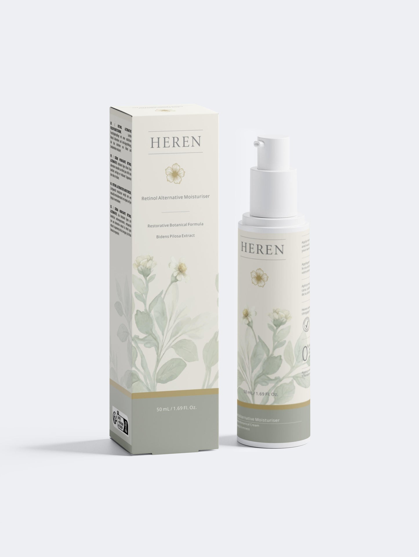 HEREN skincare product and packaging on a white background