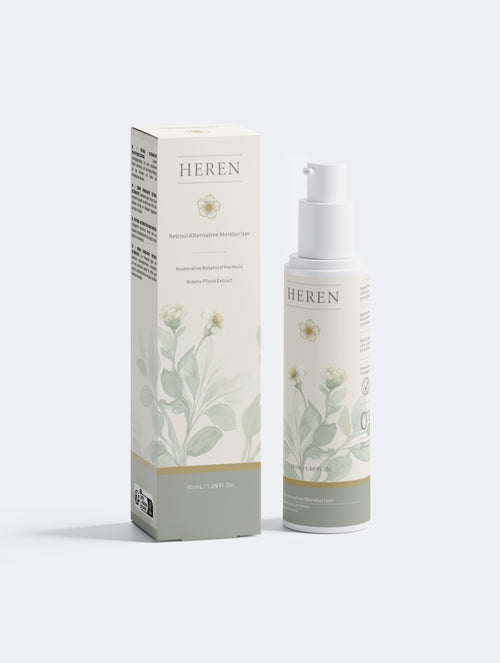 HEREN skincare product and packaging on a white background