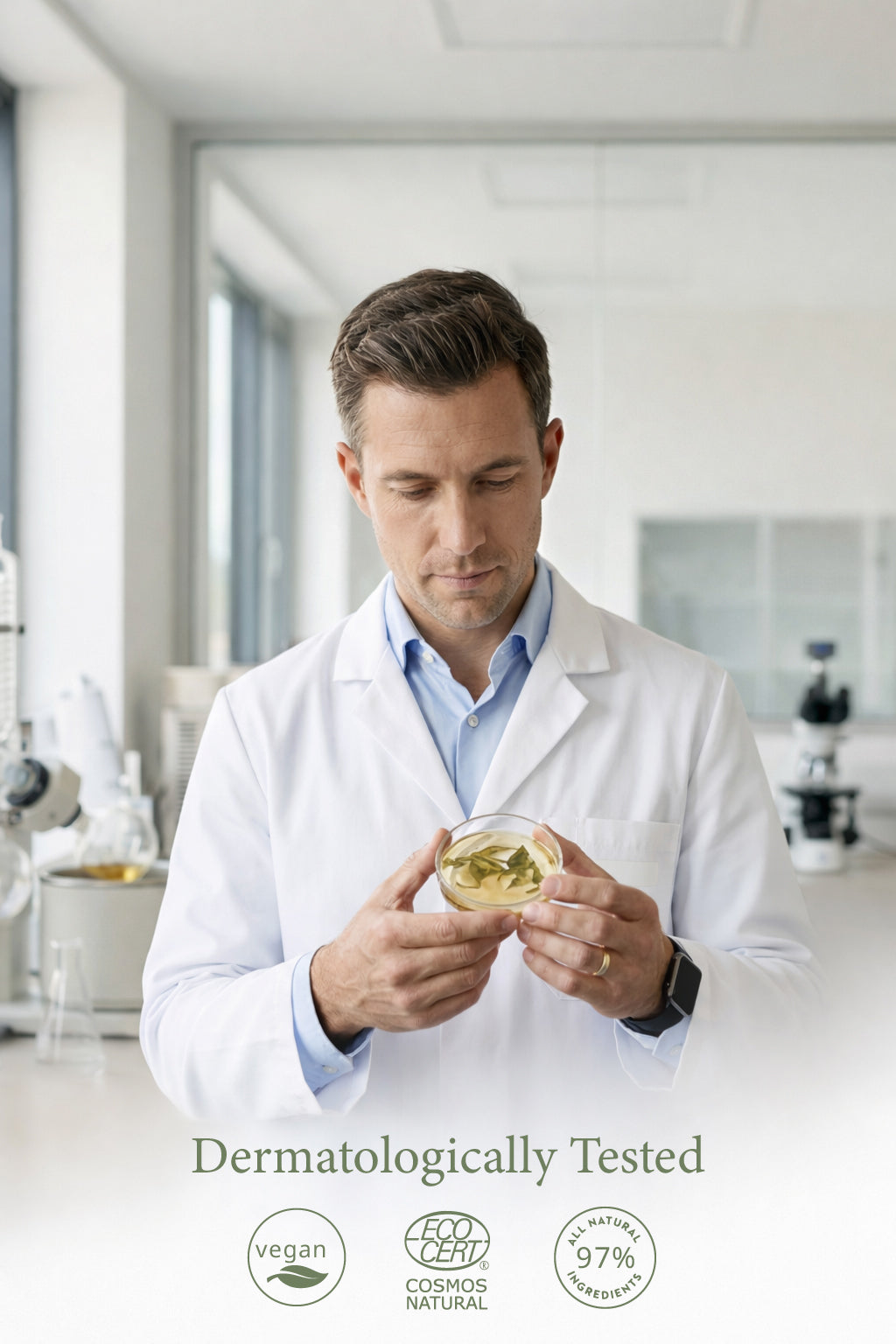 Man in a lab coat holding a container of skincare product in a laboratory setting