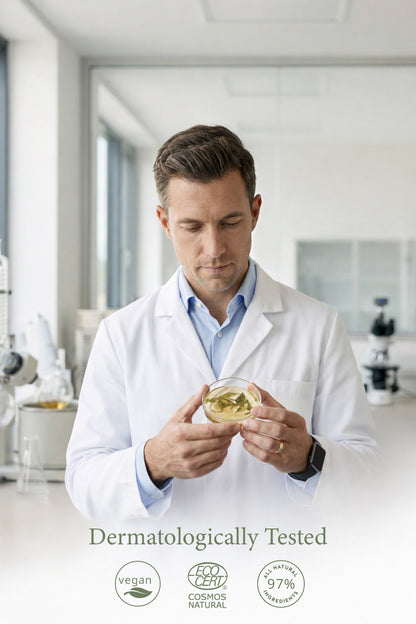 Man in a lab coat holding a container of skincare product in a laboratory setting