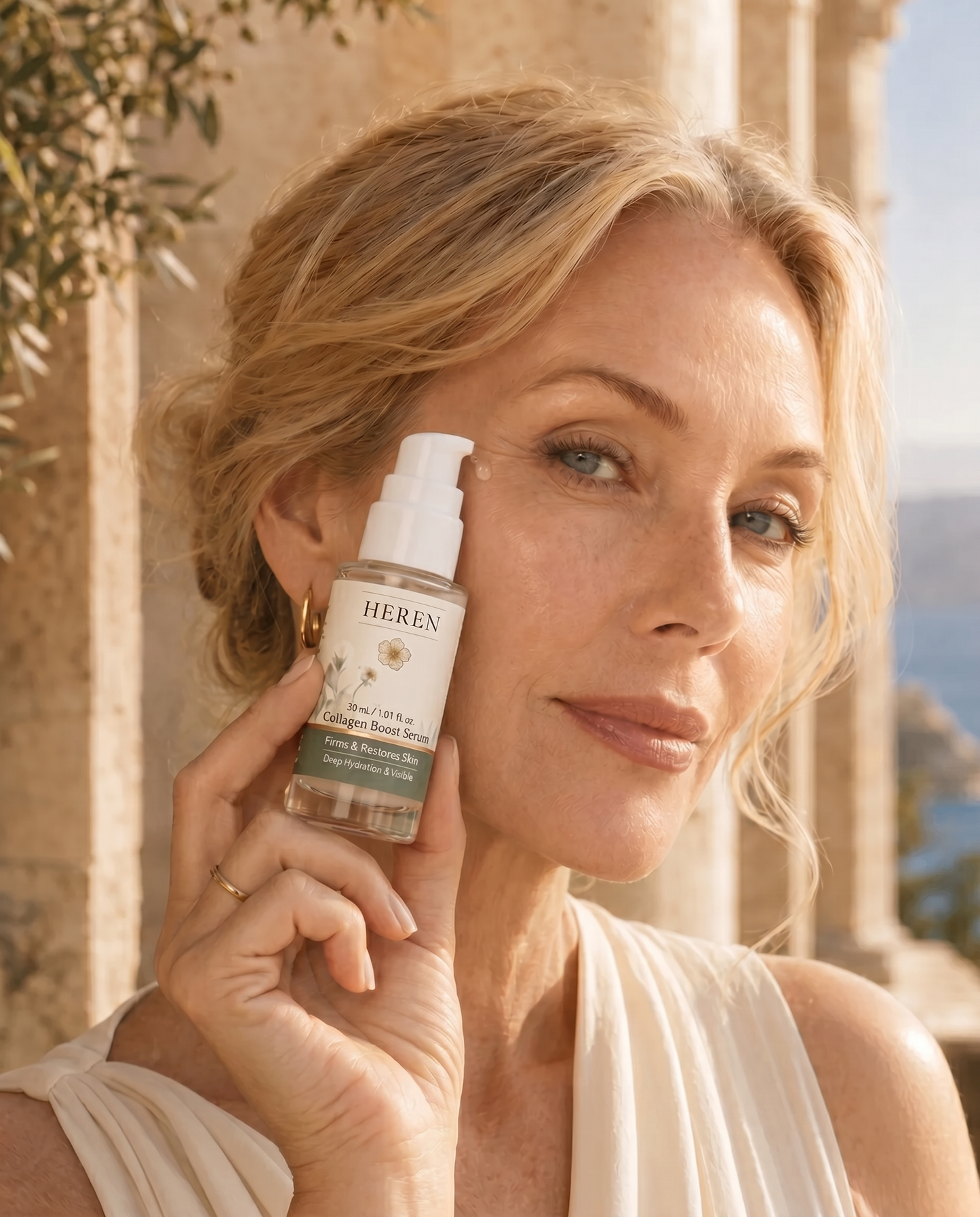 Woman holding a bottle of 'HEREN' skincare product outdoors with classical architecture in the background