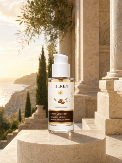 HEREN skincare bottle on a stone ledge with a scenic background