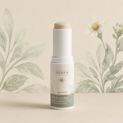 HEREN SPF 50 Sun Stick on a neutral background with floral elements