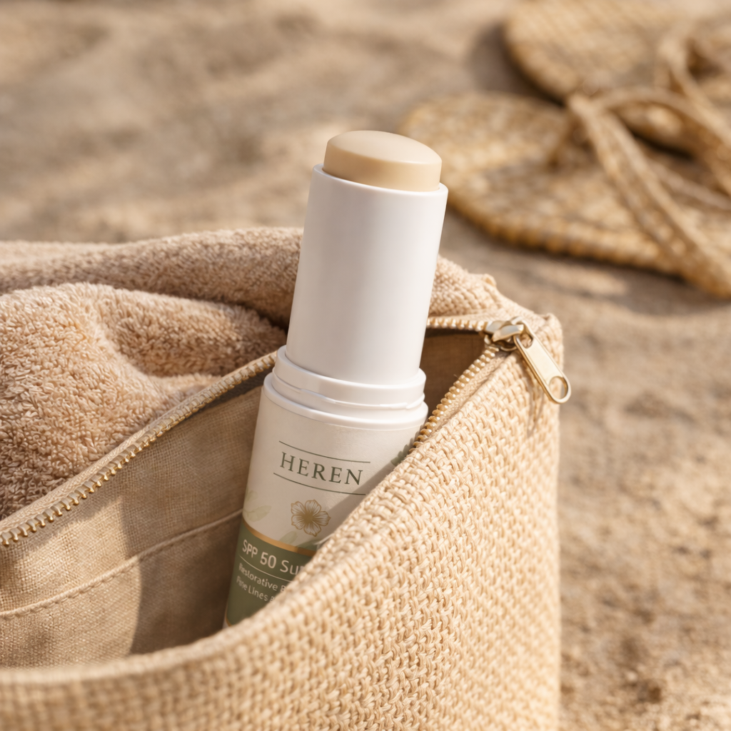 HEREN sunscreen stick in a woven bag with a blurred natural background