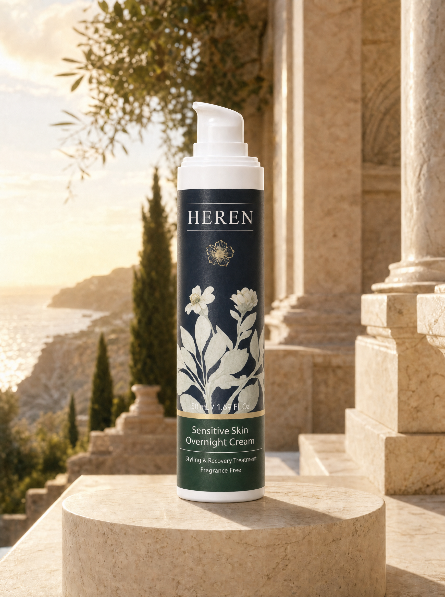 HEREN skincare product on stone steps with scenic background