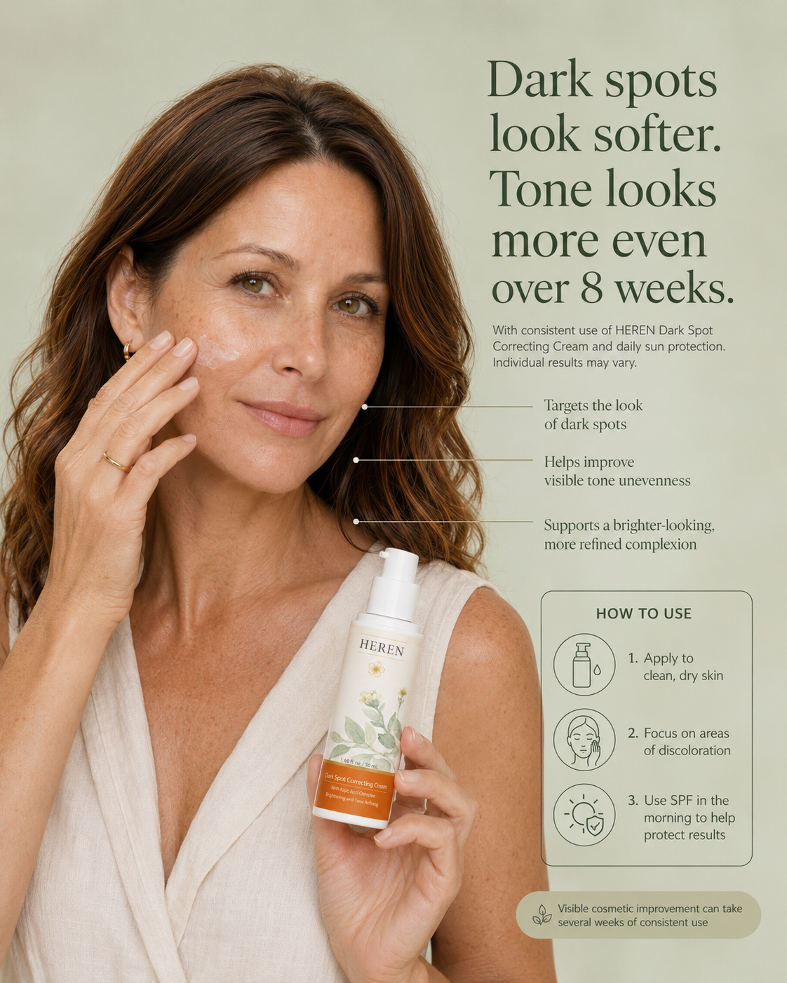 Woman holding a skincare product with text about dark spot correction and tone improvement.