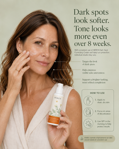 Woman holding a skincare product with text about dark spot correction and tone improvement.