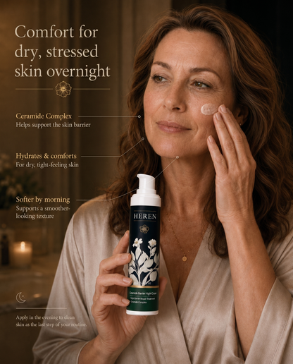 Woman applying skincare product with text about comfort for dry, stressed skin overnight.