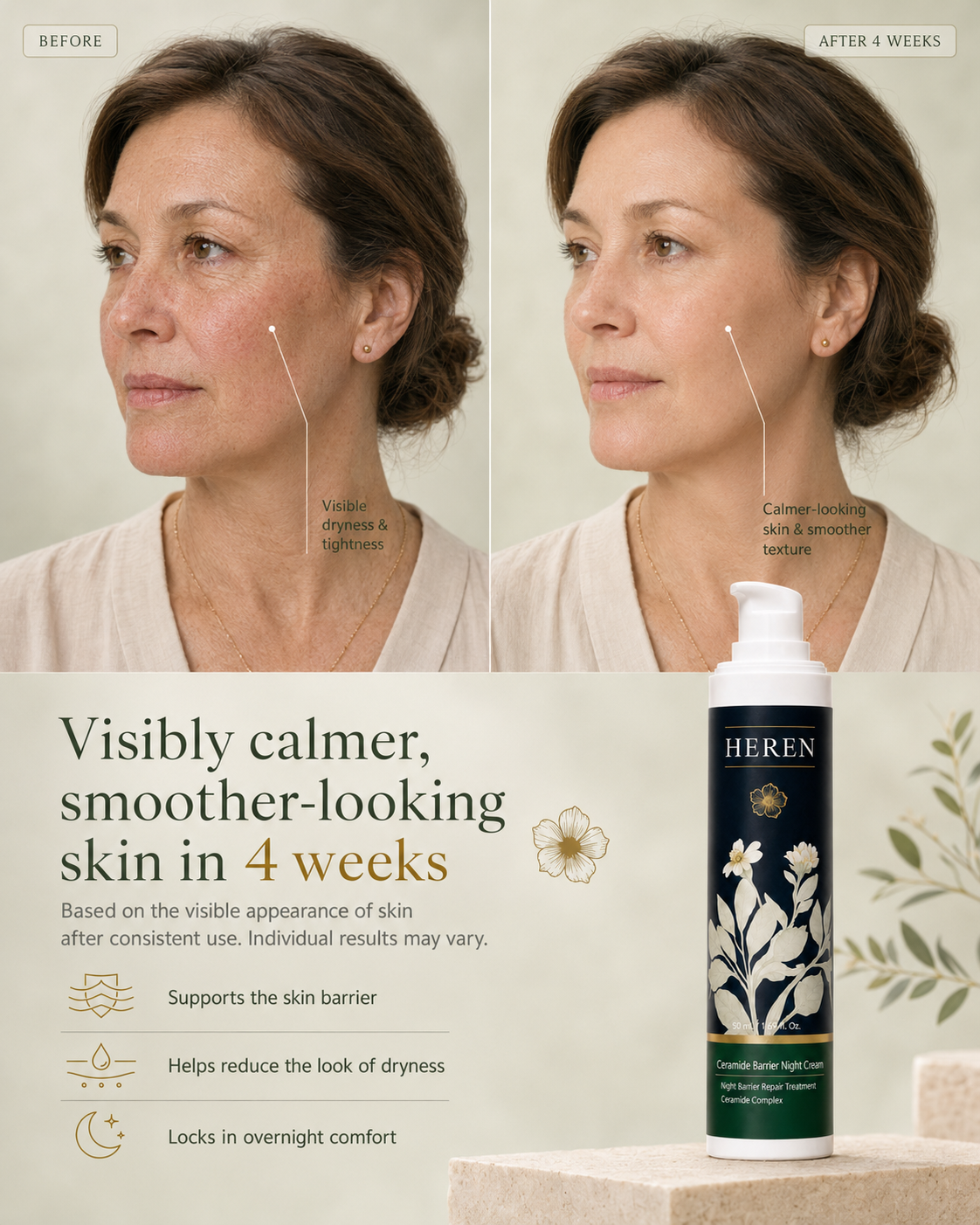 Before and after comparison of a woman's face with visibly calmer, smoother-looking skin, featuring a bottle of HEREN skincare product.