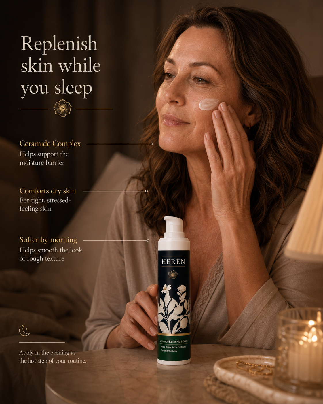 Woman applying skincare product with 'HEREN' bottle, text about skin care benefits.