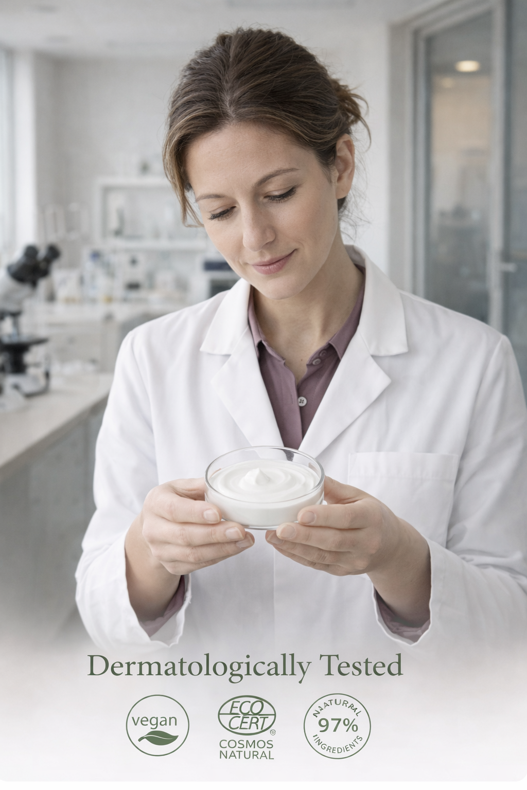 Woman in a lab coat holding a bowl of cream with 'Dermatologically Tested' text and logos.
