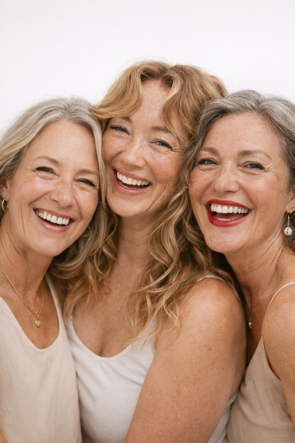 Three women with gray hair smiling against a white background_Heren