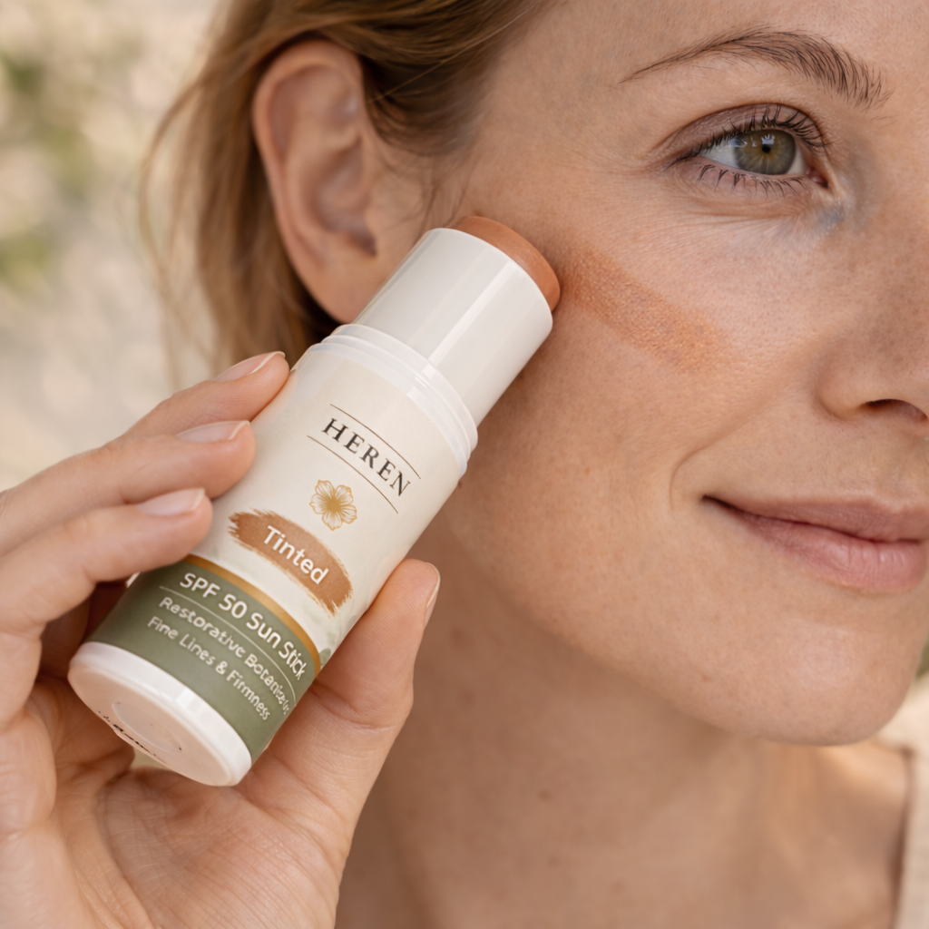 Woman applying a Heren skincare product to her face outdoors