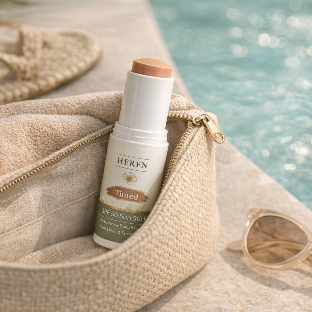 HEREN Tinted SPF 50 Sun Stick in a beige bag with a pool in the background