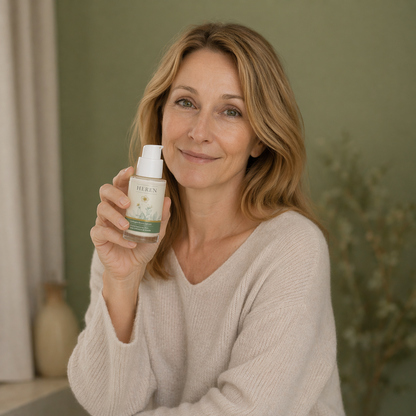 Woman holding a skincare bottle with a green background