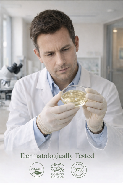 Man in a lab coat holding a container of a product with 'Dermatologically Tested' and certification logos on a white background.