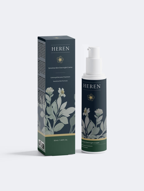 HEREN skincare product packaging with bottle and box on a white background