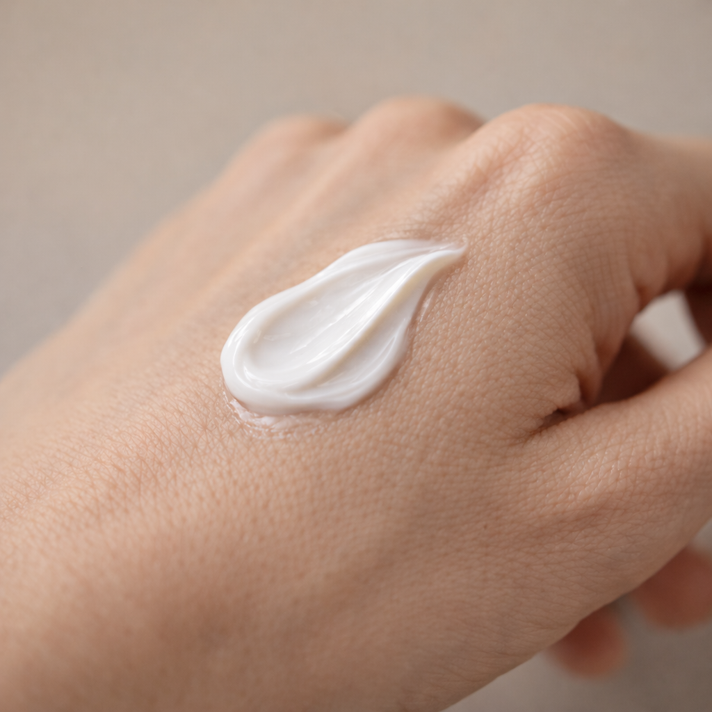 Hand applying a white cream on a neutral background